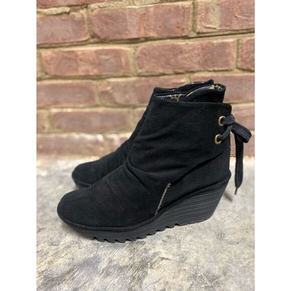Fly London Black Leather - Suede Yama Wedge Ankle Bootie - Picture 3 of 8